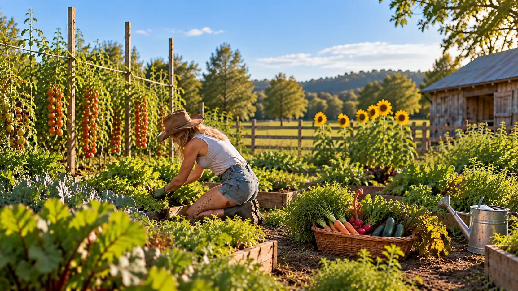 Gardener kneeling between raised vegetable beds, with a basket of freshly picked vegetables in front